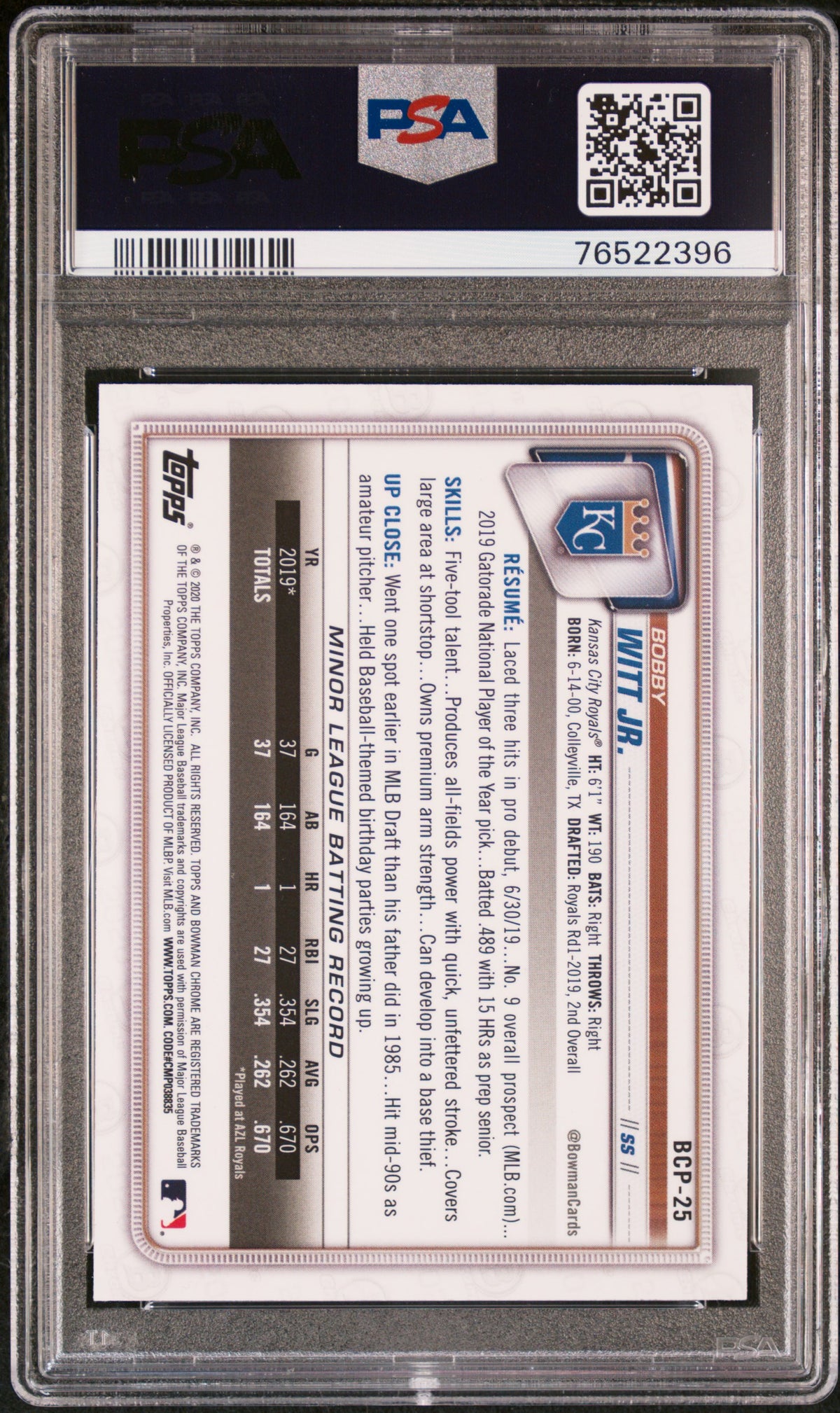 2020 Bowman Chrome Mega Box Bobby Witt JR. #BCP25 PSA 10