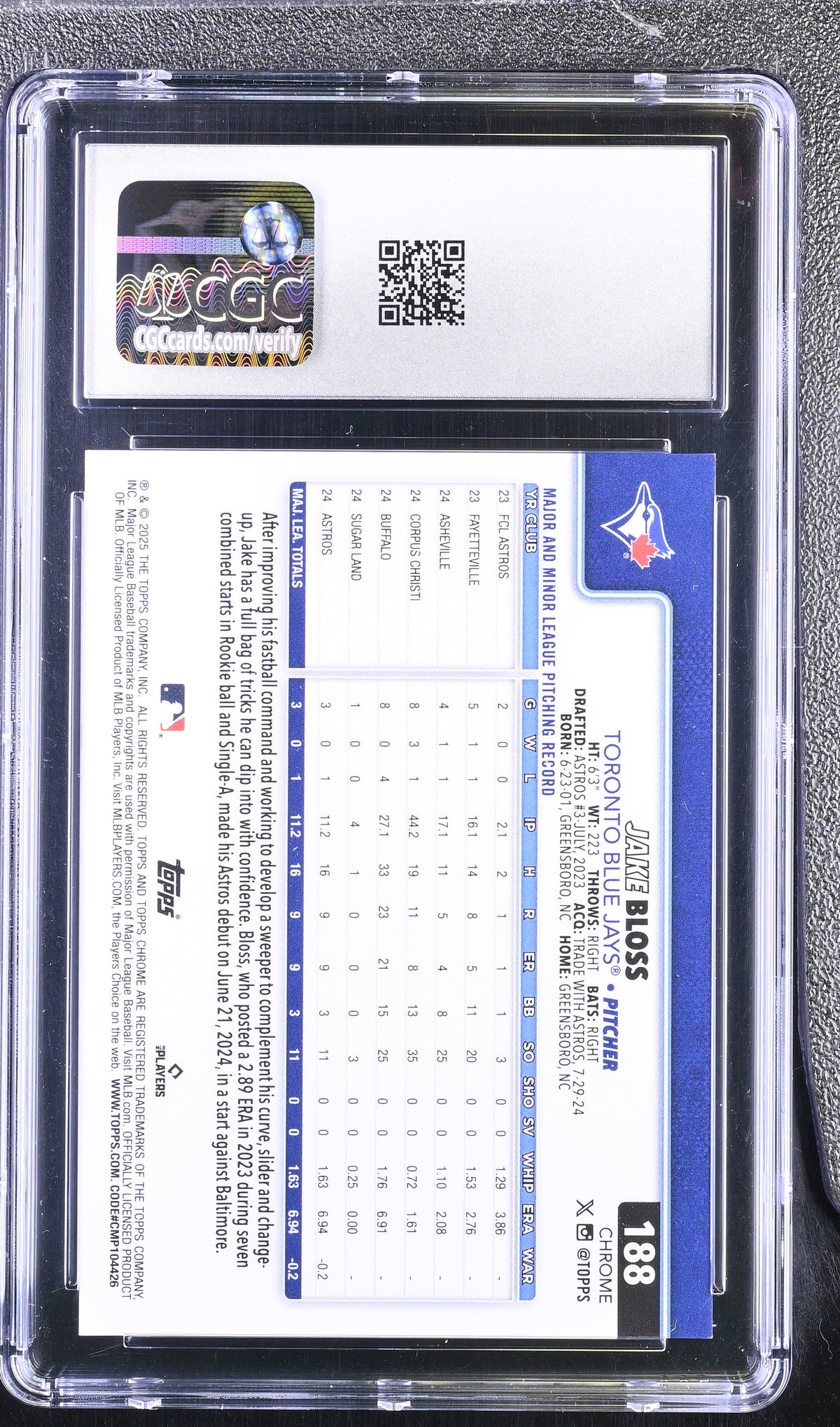 2025 Topps Chrome Jake Bloss #188 Orange Refractor /25 CGC 10