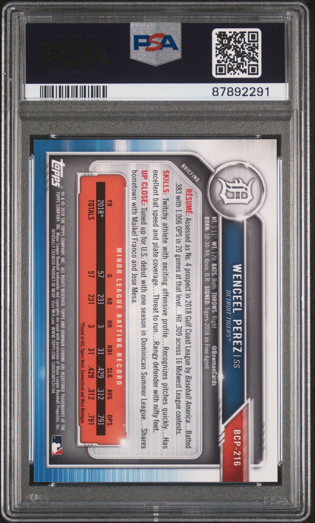 2019 Bowman Chrome Prospects Wenceel Perez #BCP216 Purple Refractor /250 PSA 10