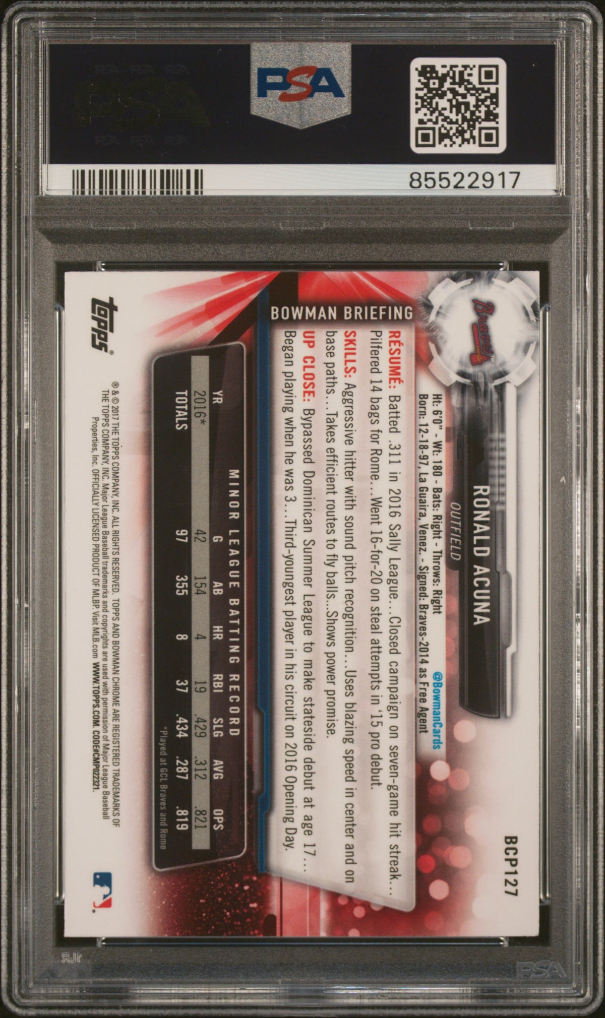 2017 Bowman Prospects Ronald Acuna #BCP127 Chrome PSA 10