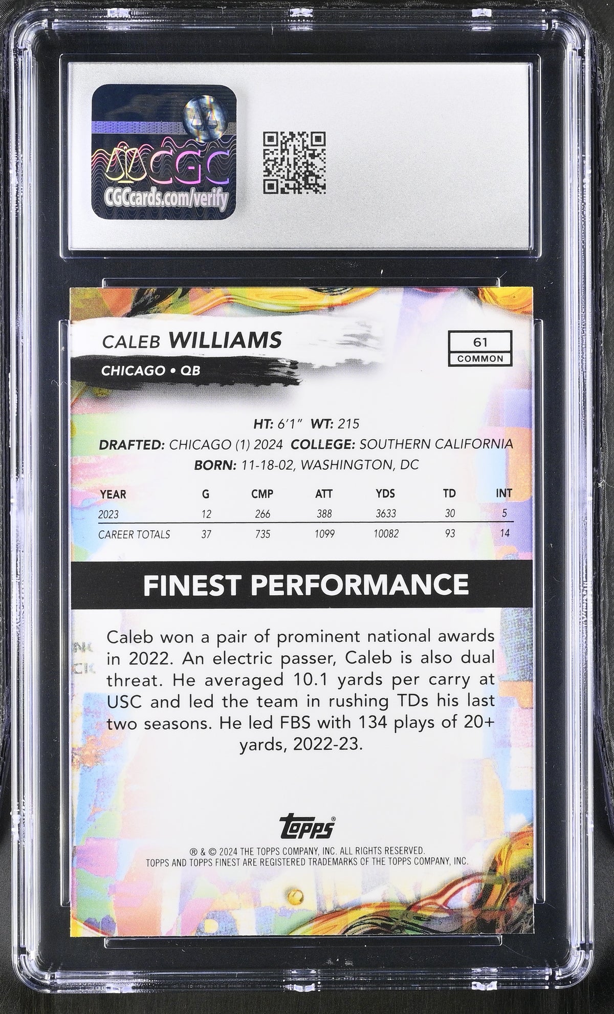2024 Topps Finest Caleb Williams #61 Checkerboard Refractor CGC 10