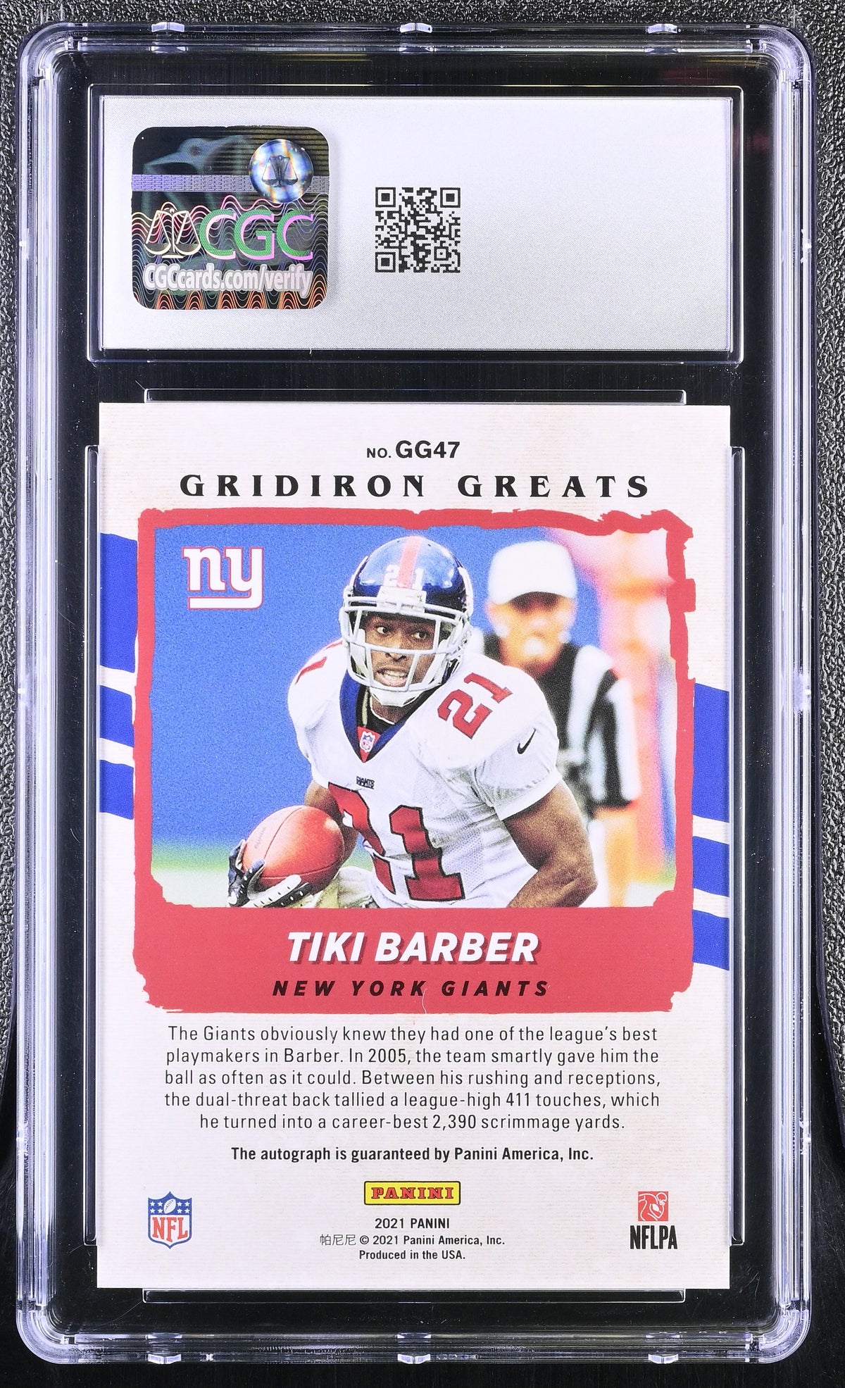 2021 Donruss Tiki Barber #GG47 Gridiron Greats Autographs CGC 8.5 Auto 9