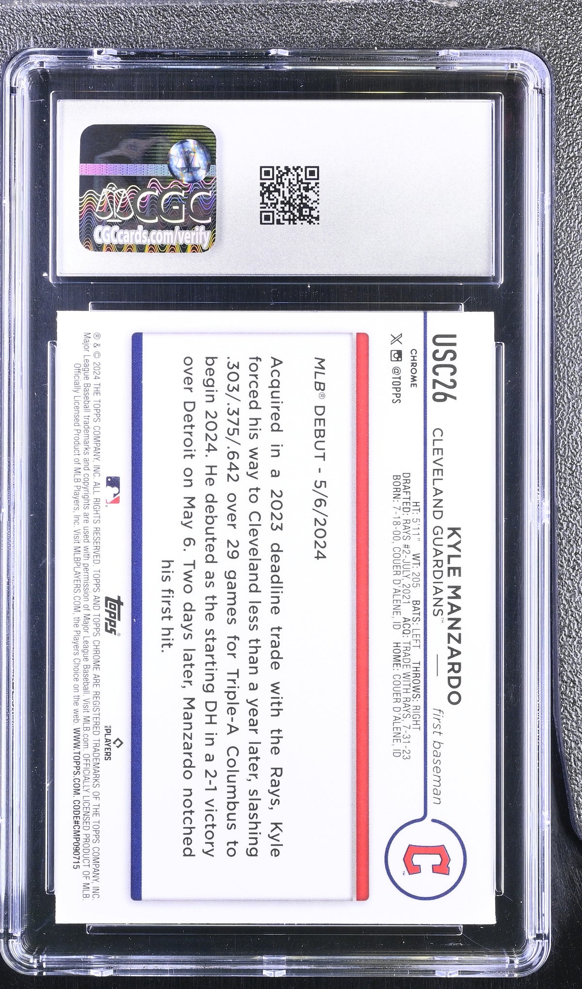 2024 Topps Chrome Update Kyle Manzardo #USC26 Magenta Refractor /399 CGC 10