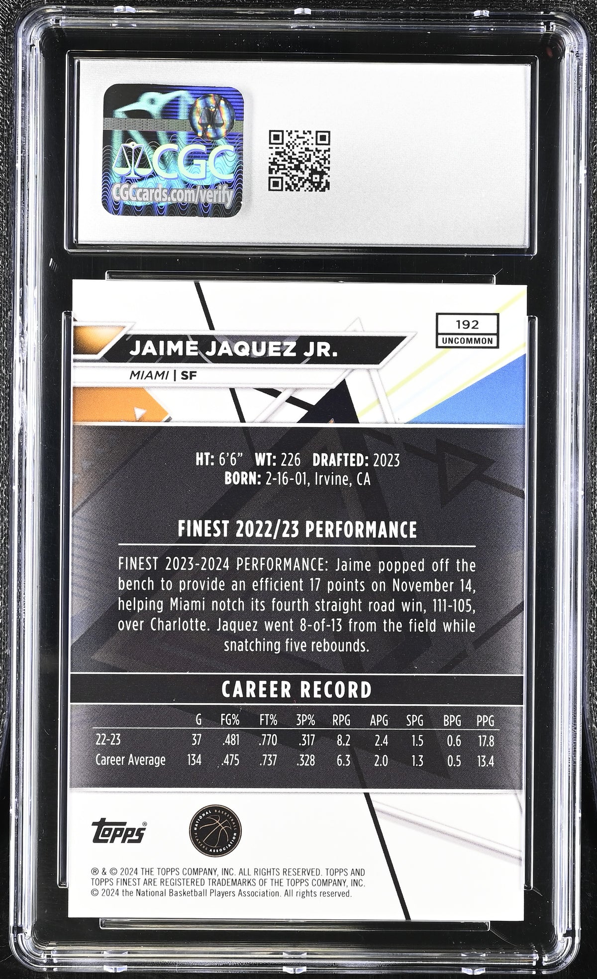 2023-24 Topps Finest Jaime Jaquez Jr. #192 Red/Black Geometric /15 CGC 9.5