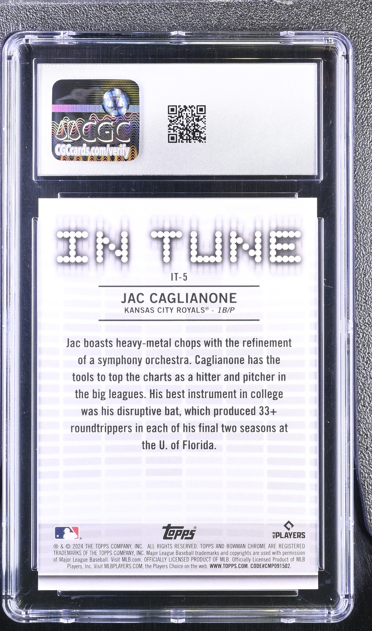 2024 Topps Bowman Draft Jac Caglianone #IT-5 Green Refractor /99 In Tune CGC 10