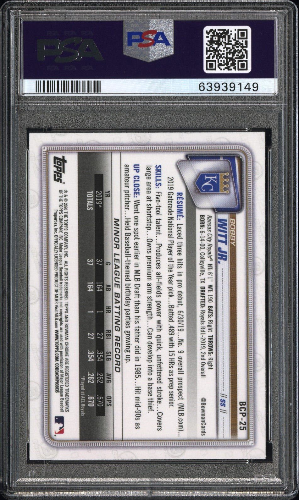 2020 Bowman Chrome Mega Box Bobby Witt JR. #BCP25 PSA 10