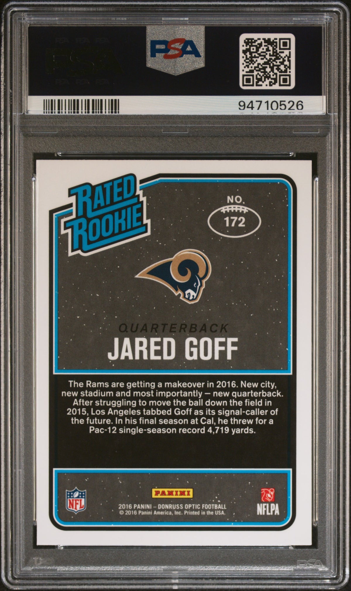 2016 Panini Donruss Optic Jared Goff #172 Red & Yellow PSA 9