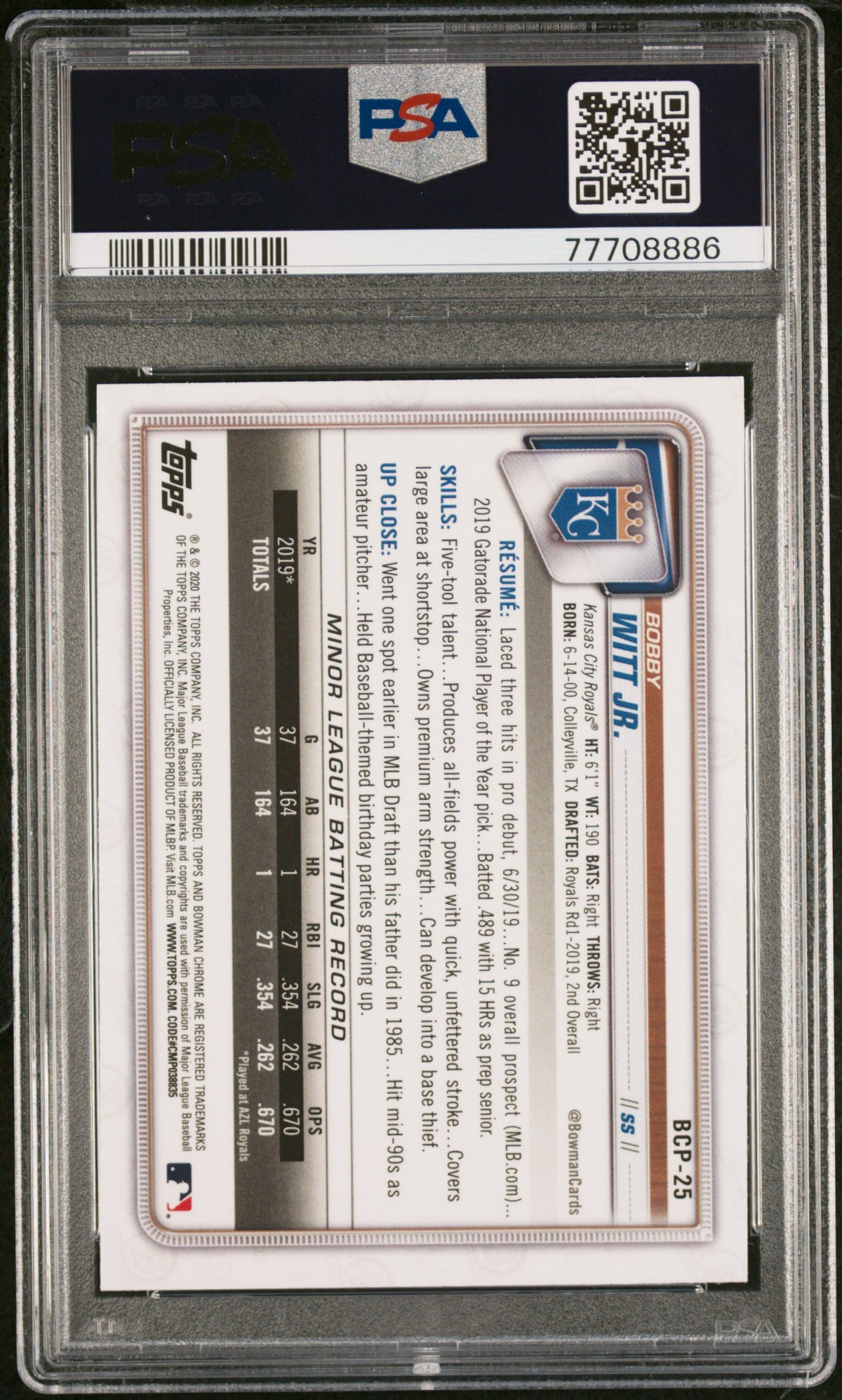 2020 Bowman Chrome Mega Box Bobby Witt JR. #BCP25 PSA 9