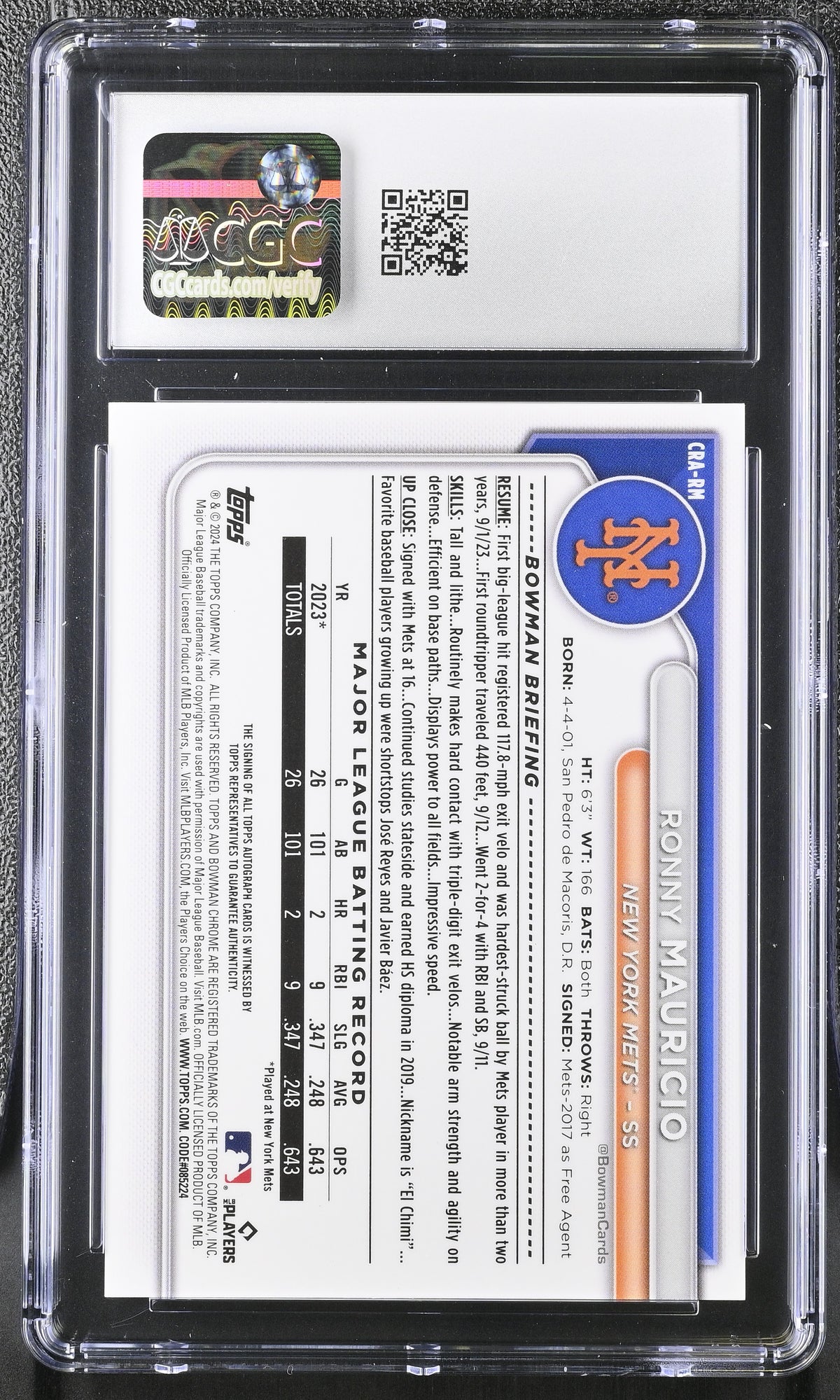 2024 Bowman Chrome Ronny Mauricio #CRA-RM Variation /25 Rookie CGC 10 Auto 10