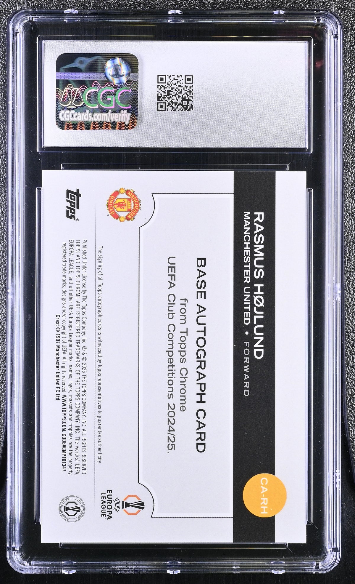 2024-25 Topps Chrome UEFA CC Rasmus Hojlund #CA-RH Orange /25 CGC 8.5 Auto 10