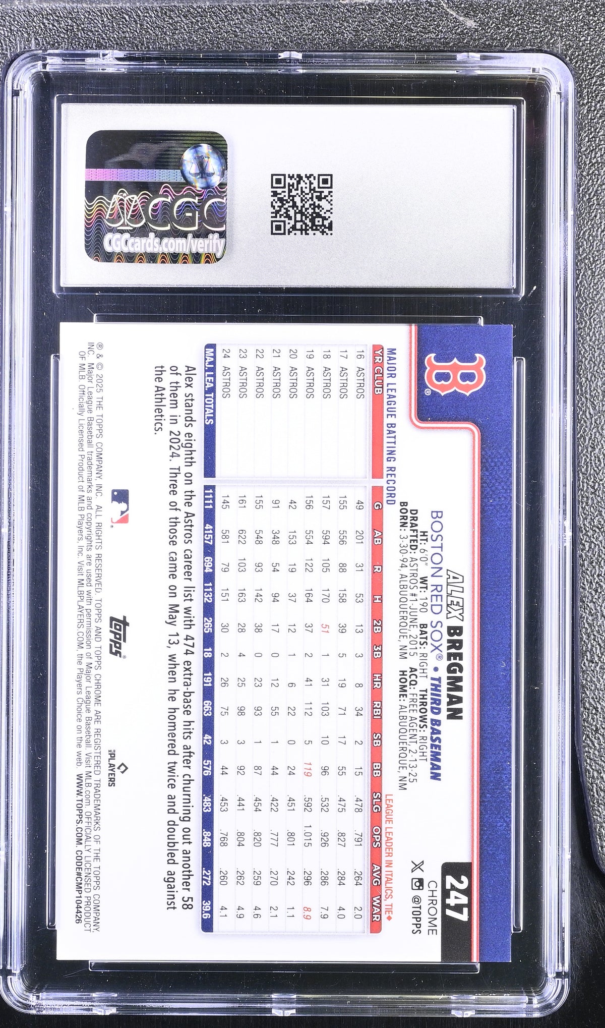 2025 Topps Chrome Alex Bregman #247 Gold Refractor /50 CGC 9.5