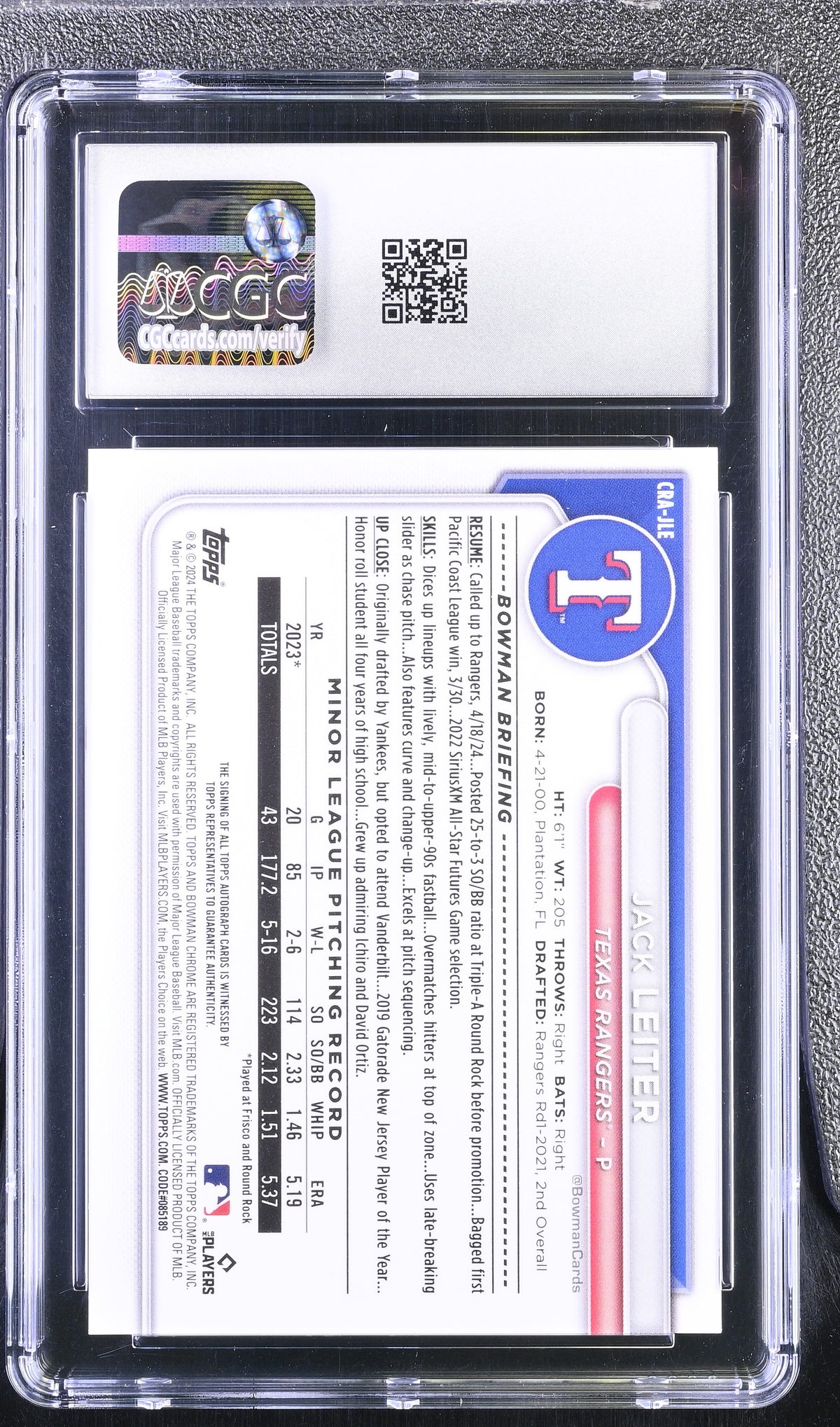 2024 Topps Bowman Chrome Jack Leiter #CRA-JLE Orange Refractor /25 CGC 9 Auto 9