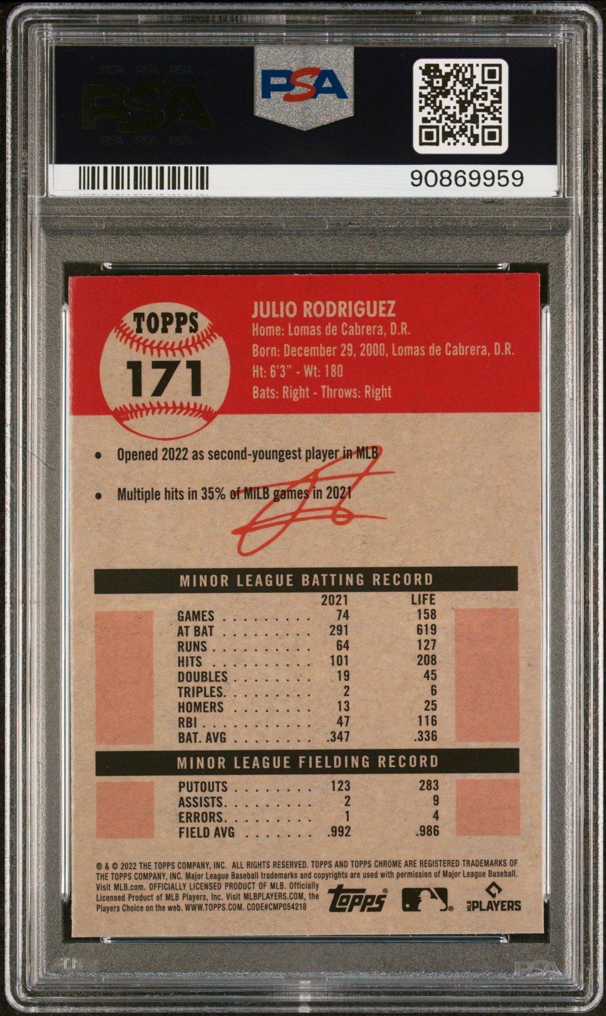 2022 Topps Chrome Platinum Anniv Julio Rodriguez #171 B&W Mini Diamond PSA 9