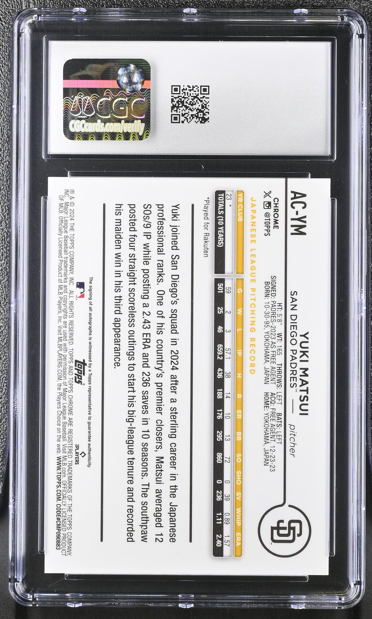 2024 Topps Chrome Update Yuki Matsui #AC-YM Gold /50 Autographs CGC 10 Auto 10