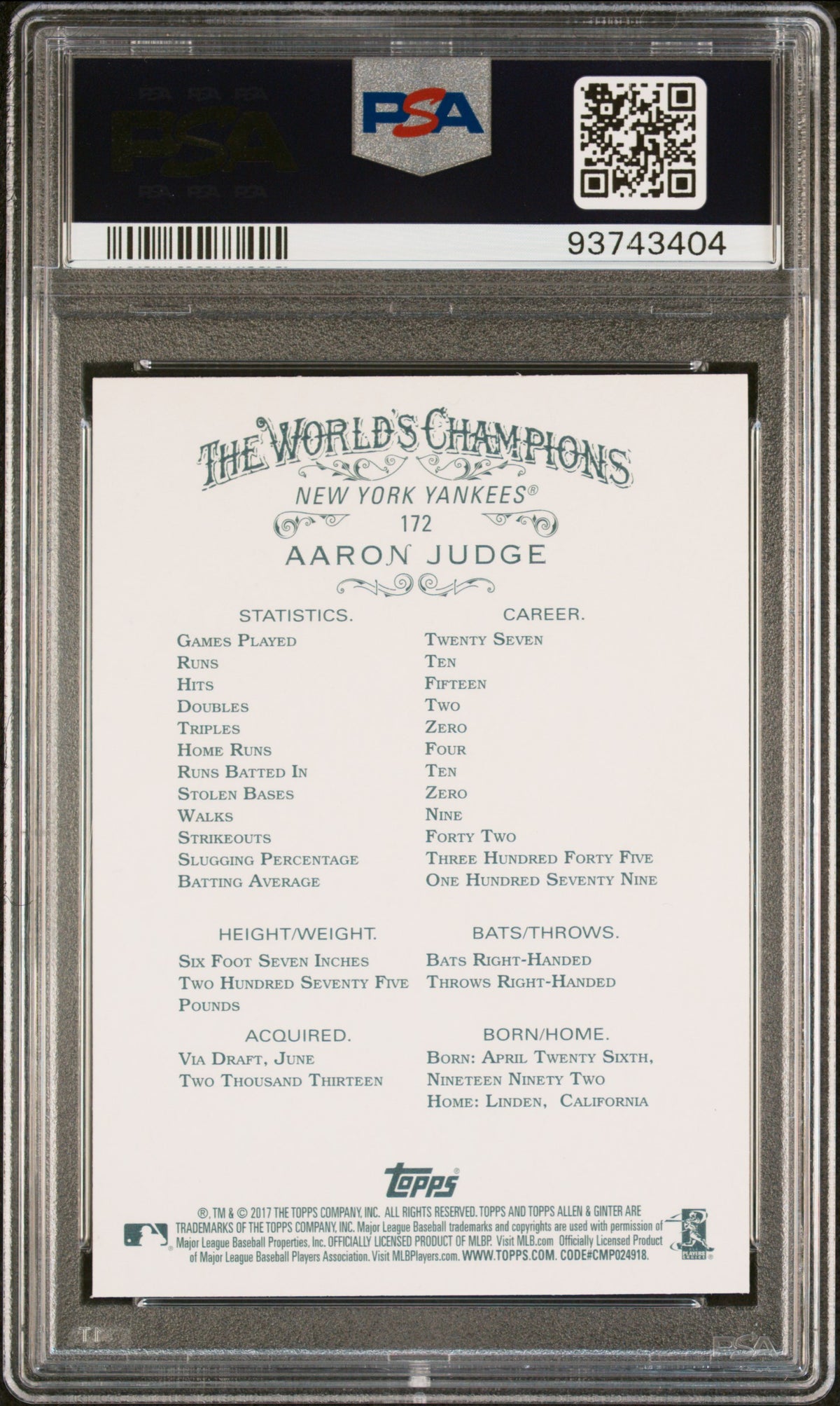2017 Topps Allen & Ginter Aaron Judge #172 PSA 10