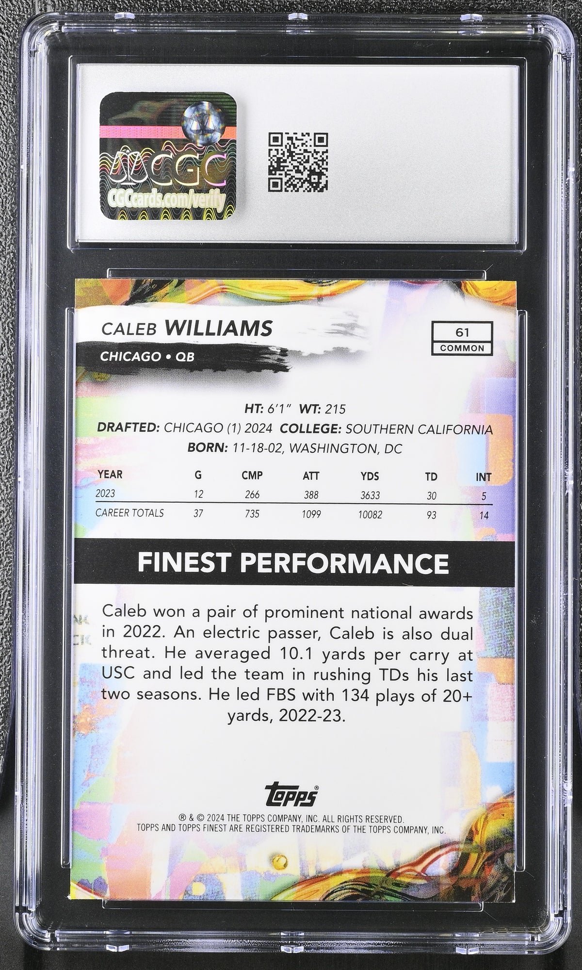 2024 Topps Finest Caleb Williams #61 Sky Blue Refractor /325 CGC 10