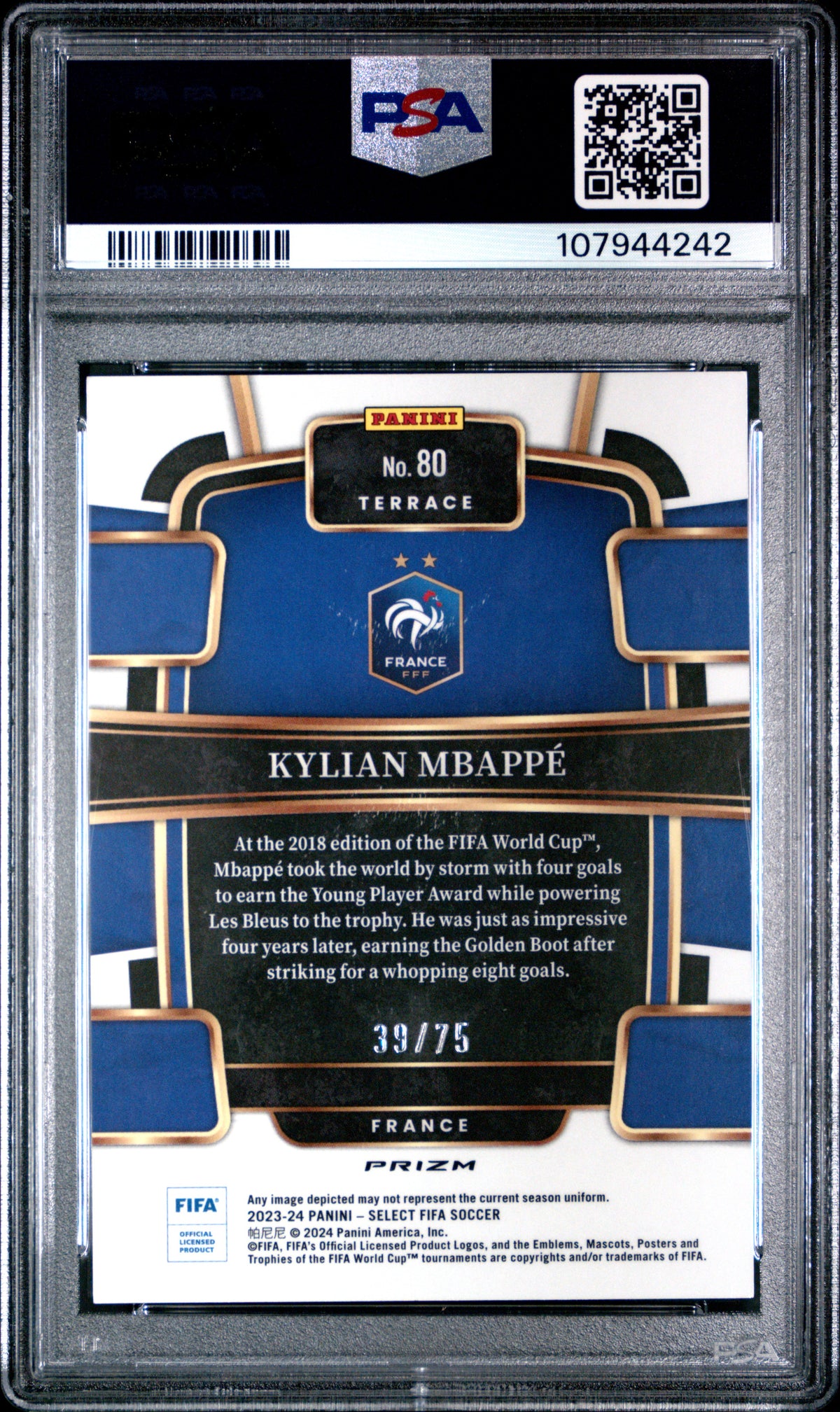2023-24 Panini Select FIFA Kylian Mbappe #80 Pink PSA 9