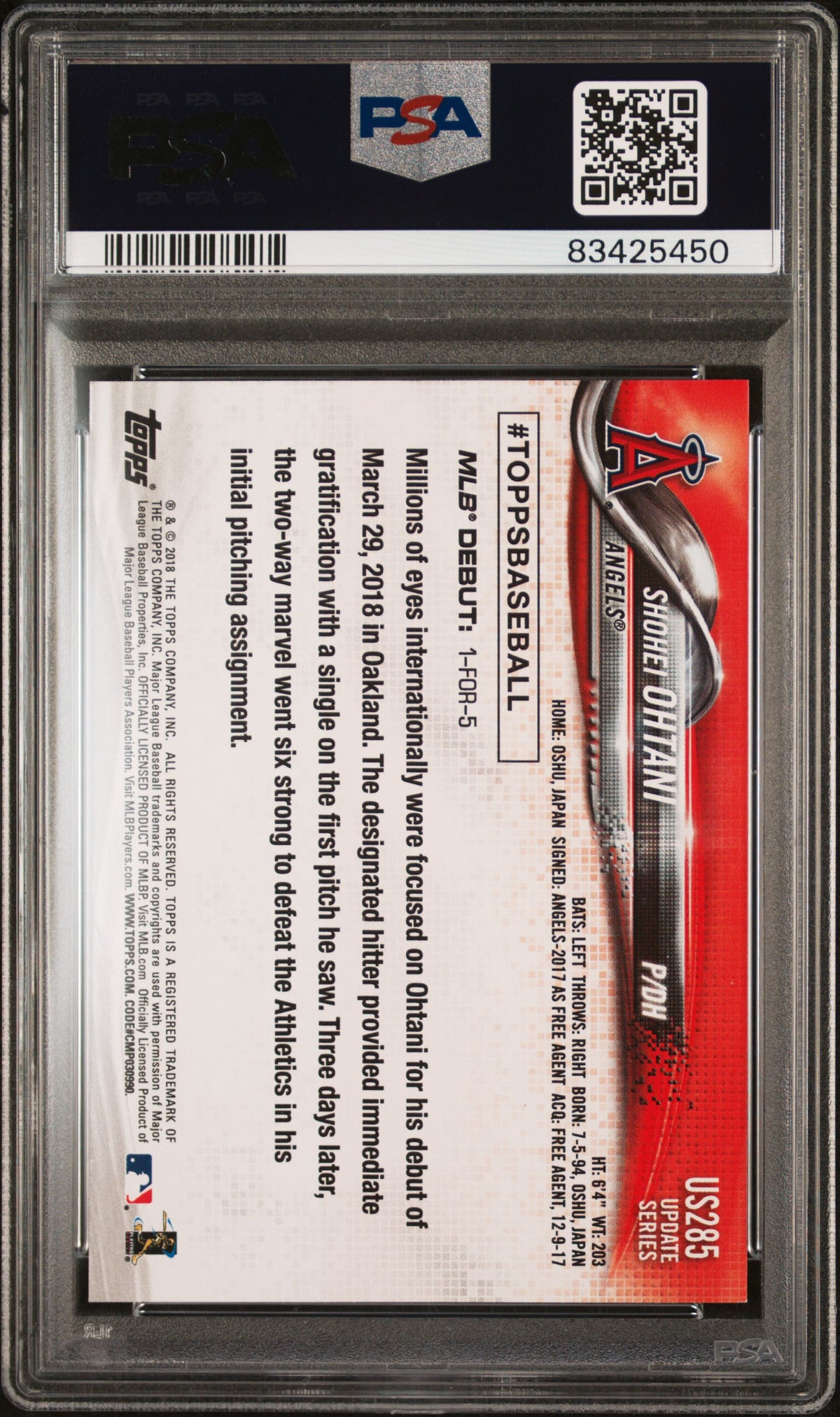 2018 Topps Update Shohei Ohtani #US285 PSA 9