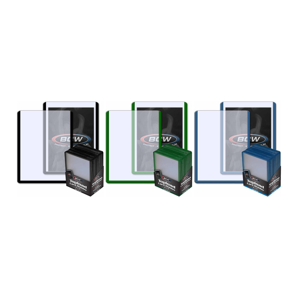 BCW 3x4 Topload Card Holders in Black, Green and Blue border
