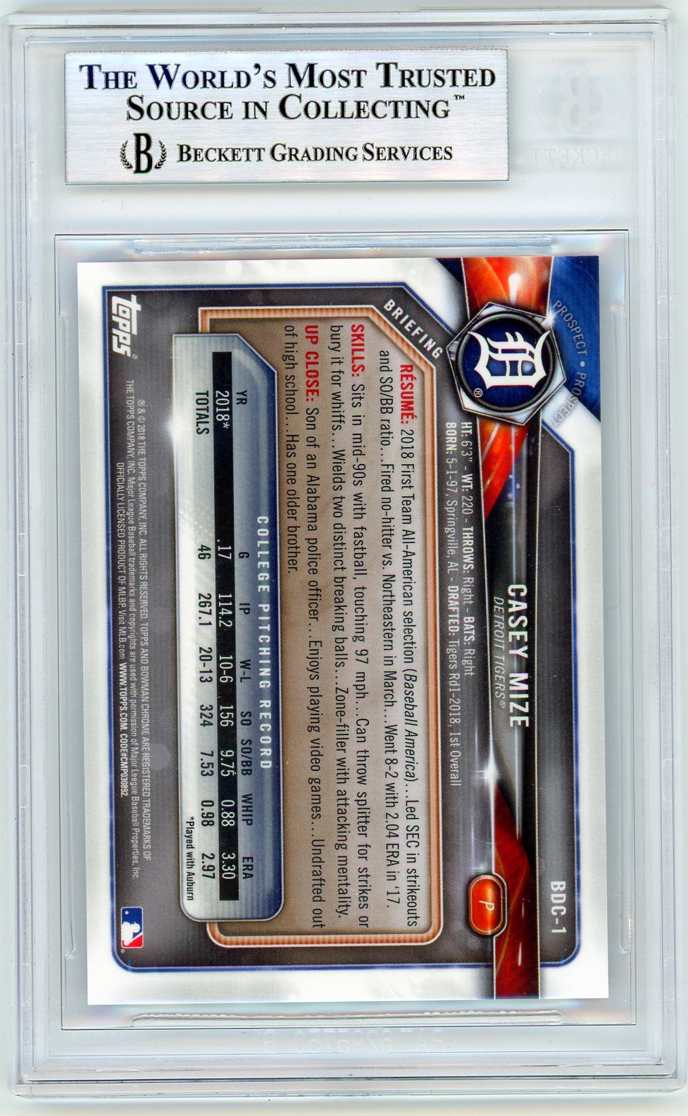 2018 Bowman Chrome Draft Purple Refractors Casey Mize #BDC1 BGS 9