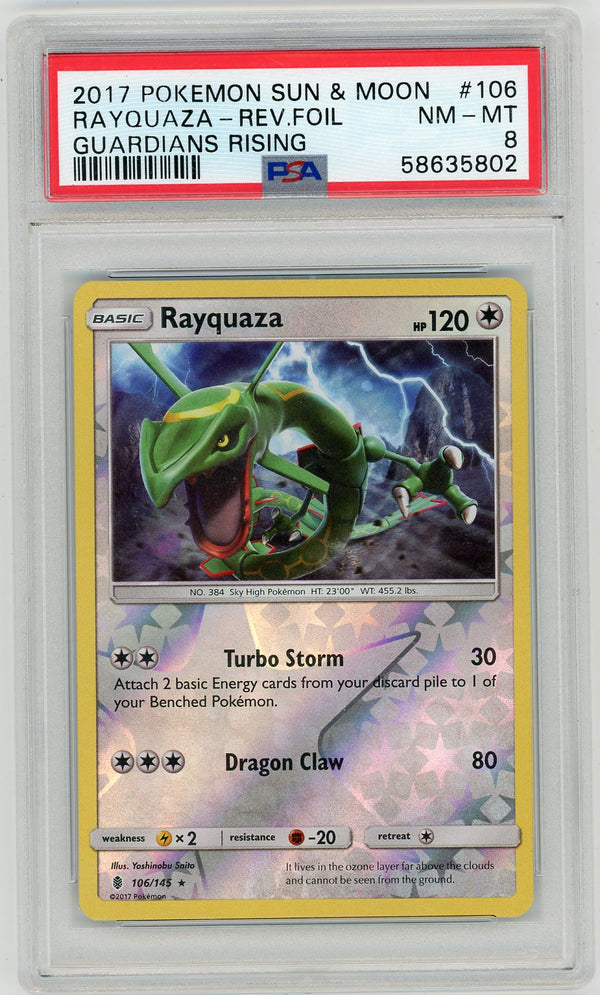 2017 Pokemon Sun & Moon Guardians Rising Rayquaza-Rev. Foil PSA 8 #106