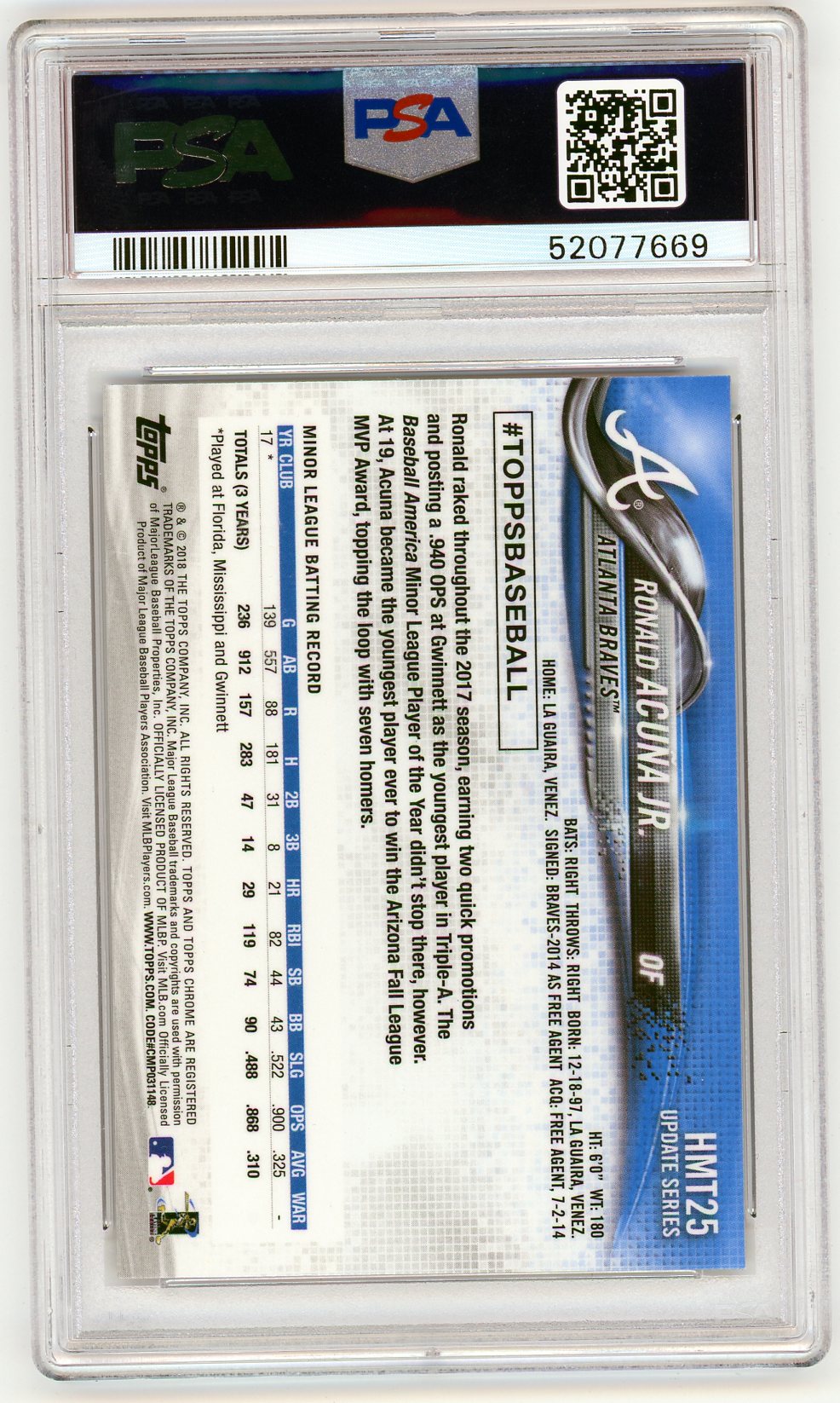2018 Topps Chrome Update Ronald Acuna JR. #HMT25 PSA 10