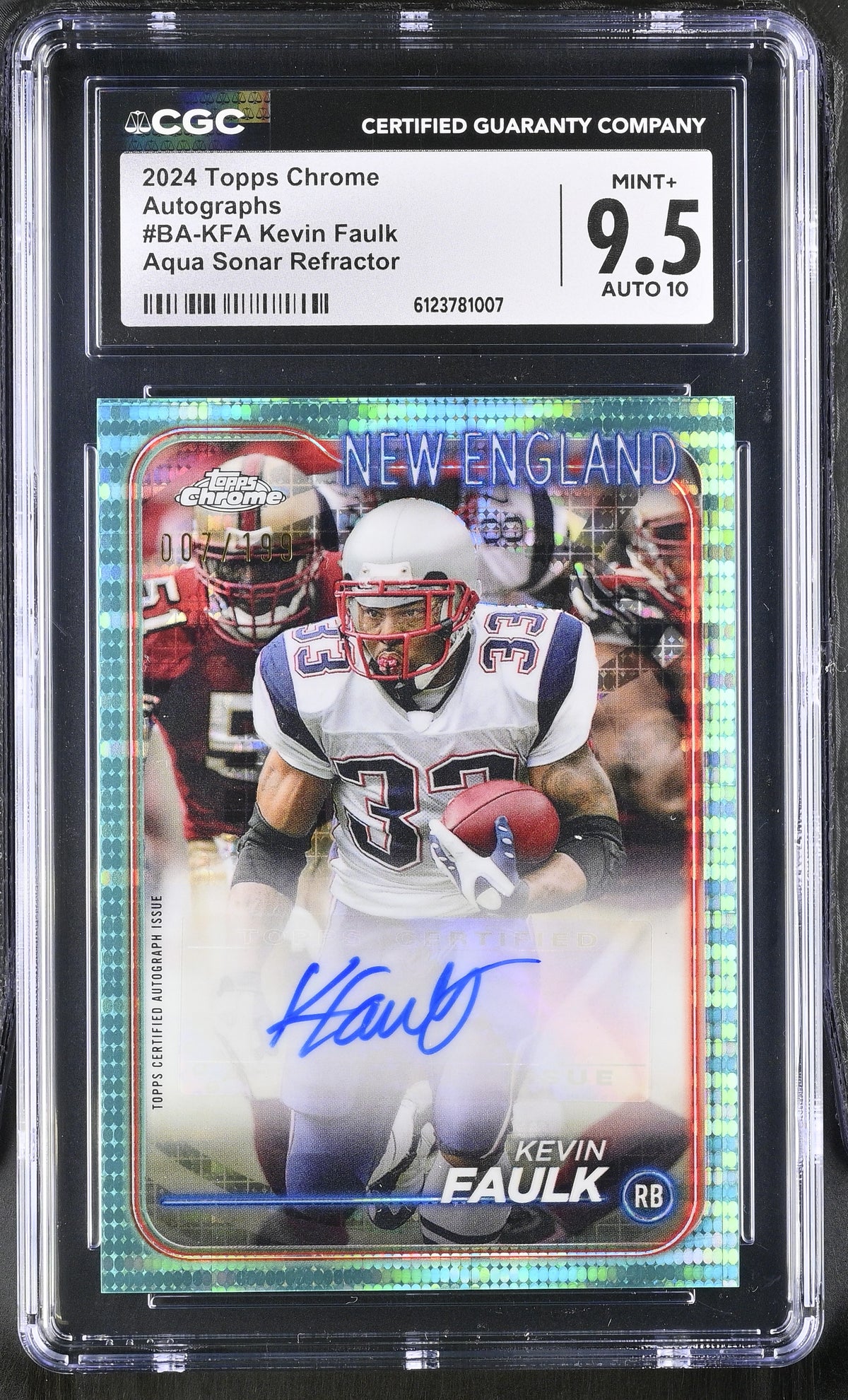 2024 Topps Chrome Kevin Faulk #BA-KFA Aqua Sonar /199 Autographs CGC 9.5 Auto 10
