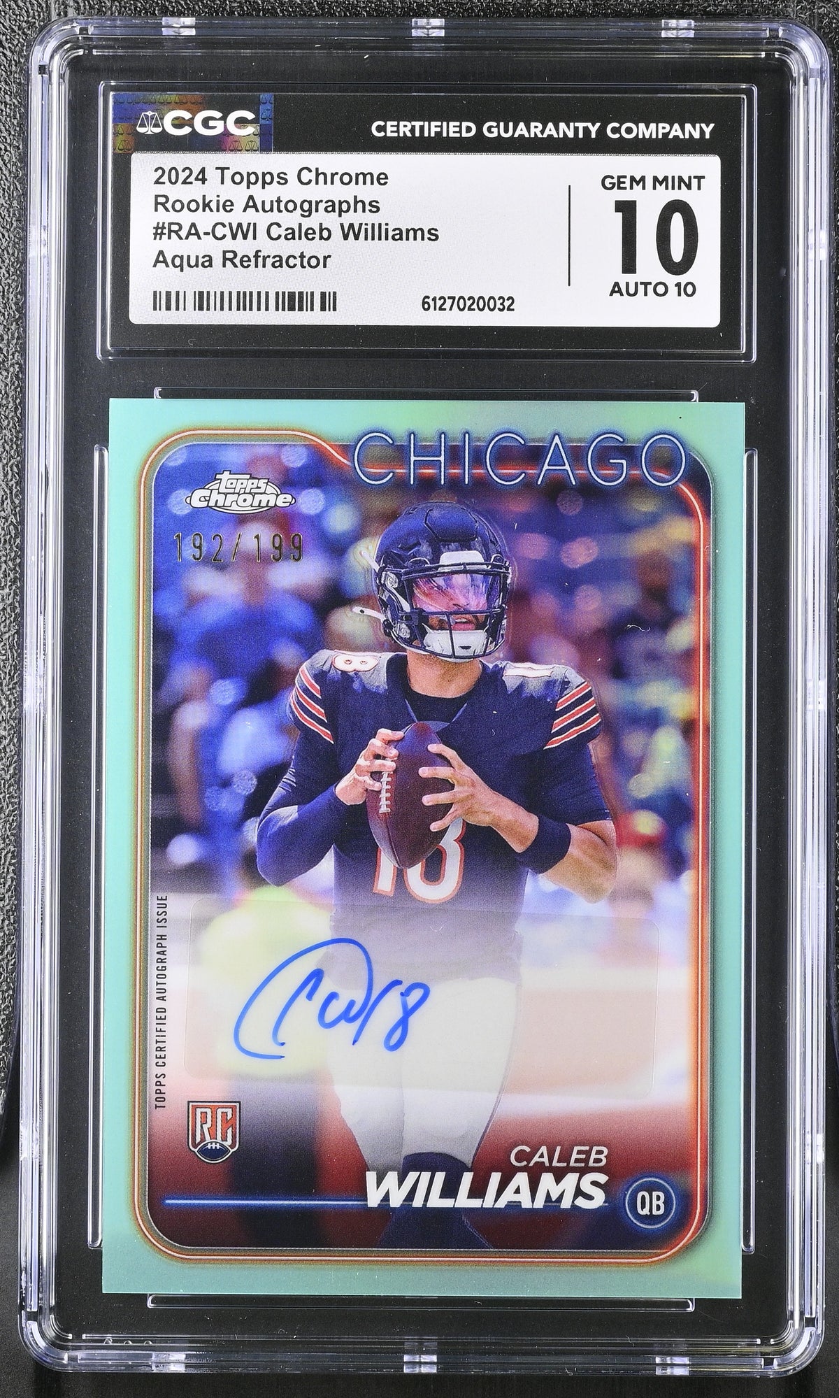 2024 Topps Chrome Caleb Williams #RA-CWI Aqua /199 Rookie Auto CGC 10 Auto 10