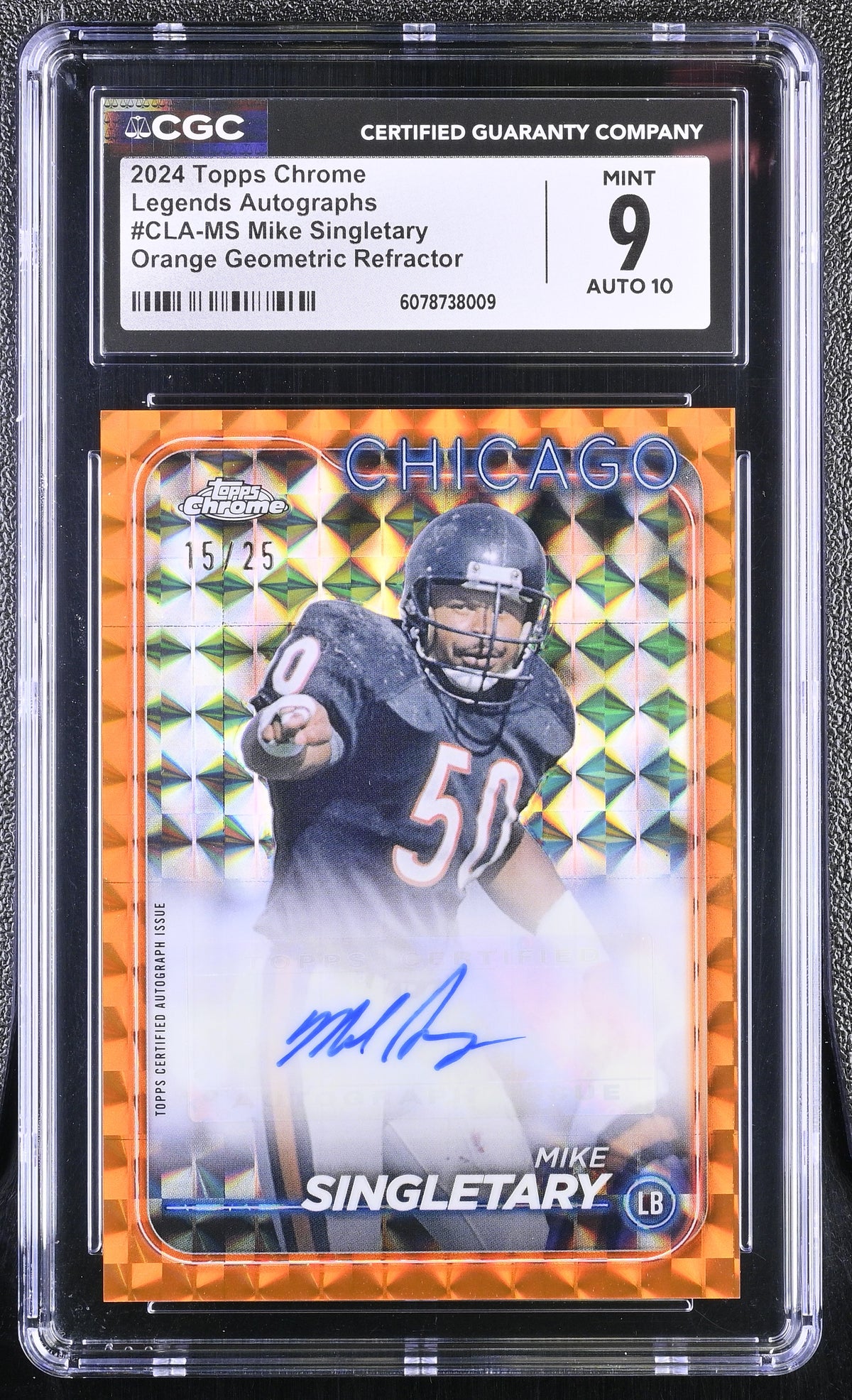 2024 Topps Chrome Mike Singletary #CLA-MS Orange /25 Legends CGC 9 Auto 10